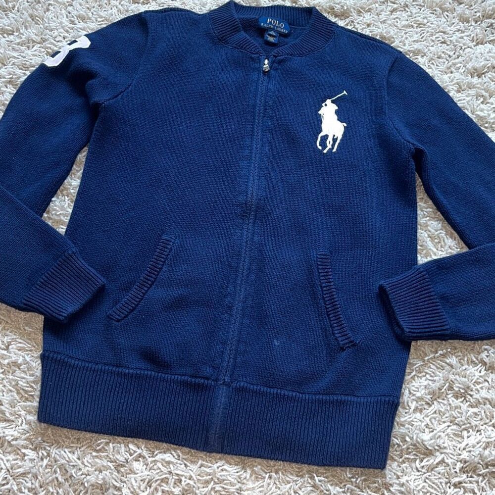 Ralph Lauren Polo BIG PONY Full Zip Sweater Jacket  NAVY/WHITE Boys XL